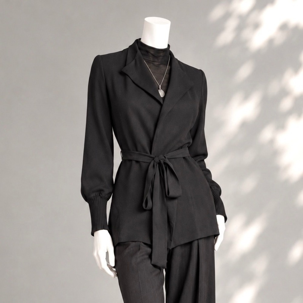 St John Black Knit Wrap Cardigan Jacket S Quiet Luxury Minimalist Preppy Stretch